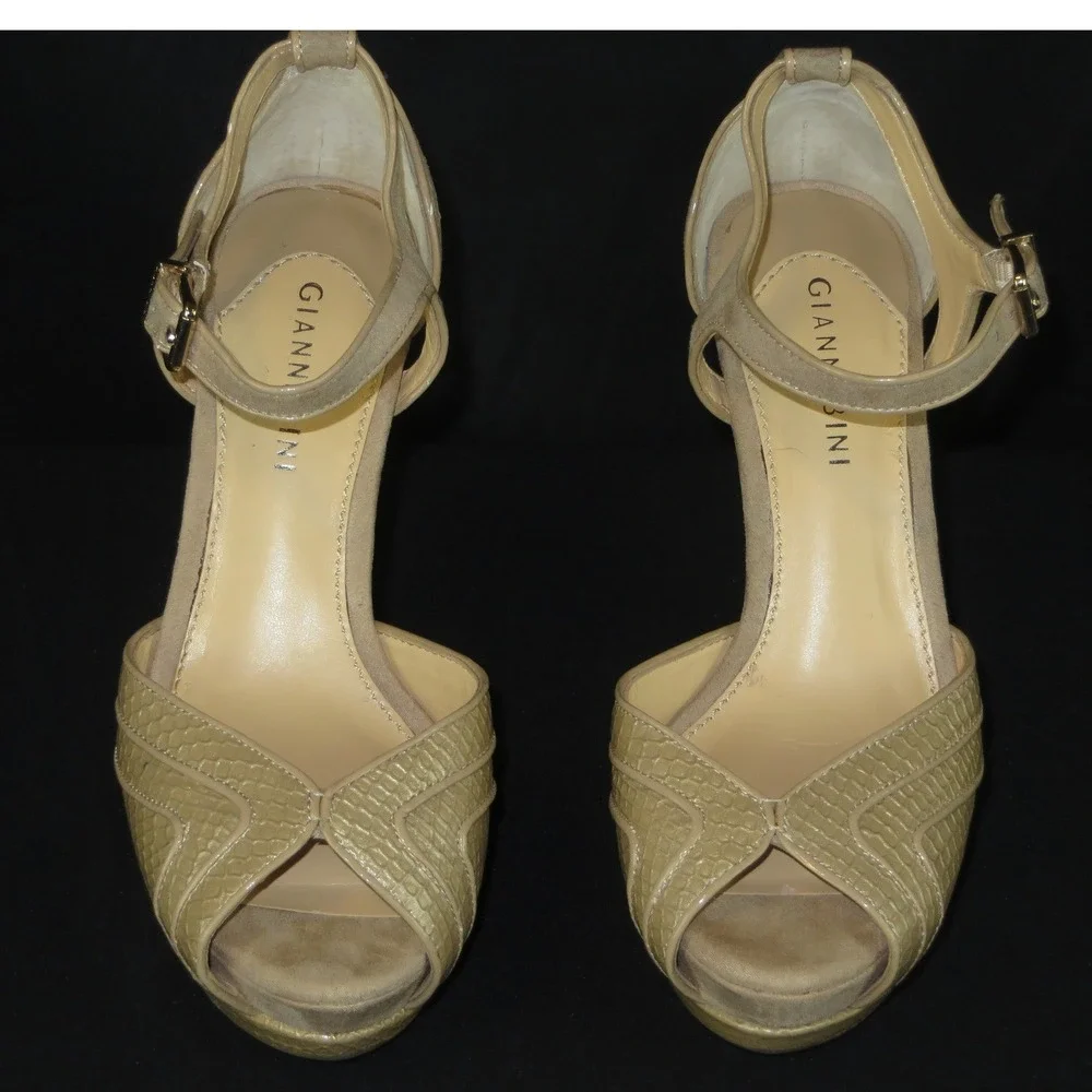 Gianni Bini Tan Suede Snakeskin Embossed Platform Stiletto Sandals Gold 6.5M - Picture 4 of 10